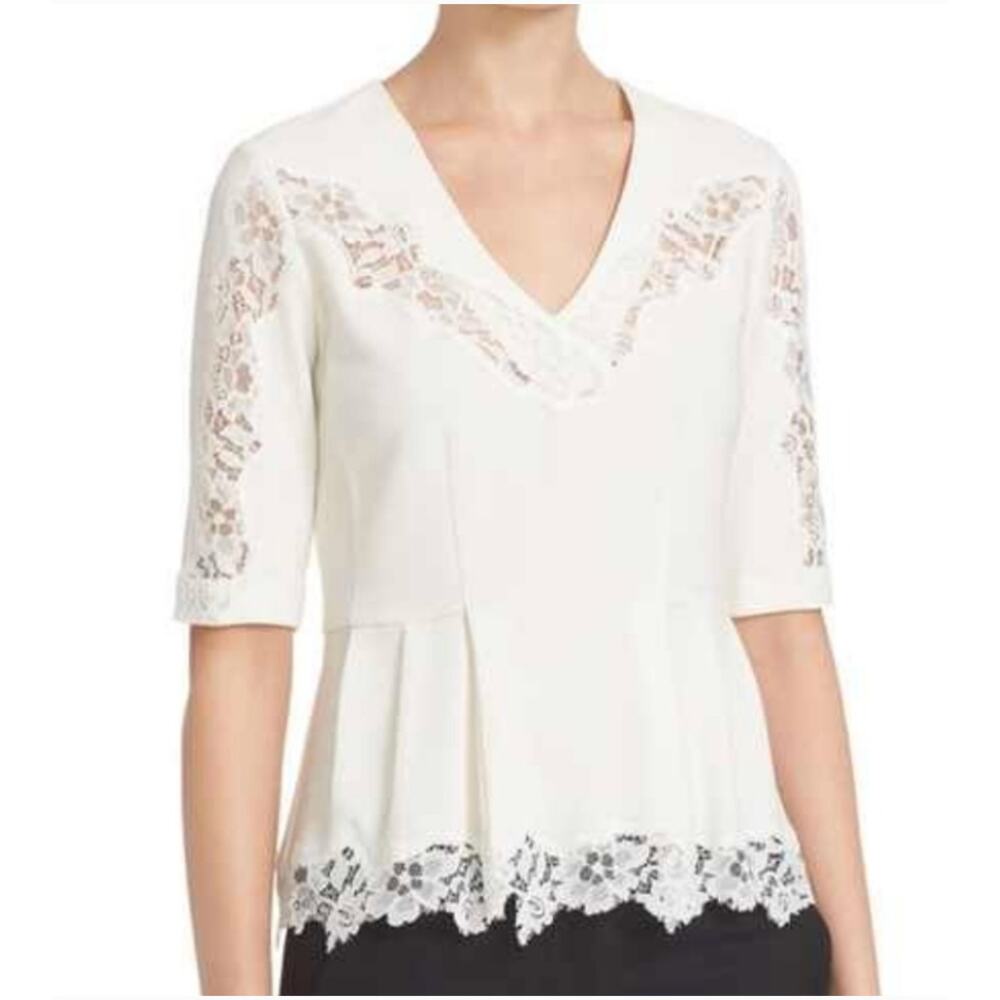 Rebecca Taylor Ivory Cream Crepe Lace V-Neck Peplum Top Sz 6 Romantic Cottage